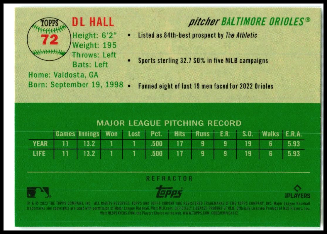 2023 Topps Chrome Platinum Anniversary Refractor #72 DL Hall Rookie Orioles