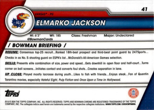2023-24 Bowman University Chrome #41 Elmarko Jackson Kansas Jayhawks