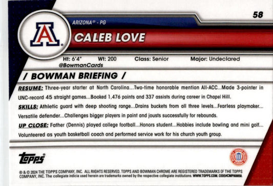 2023-24 Bowman University Chrome #58 Caleb Love Arizona Wildcats