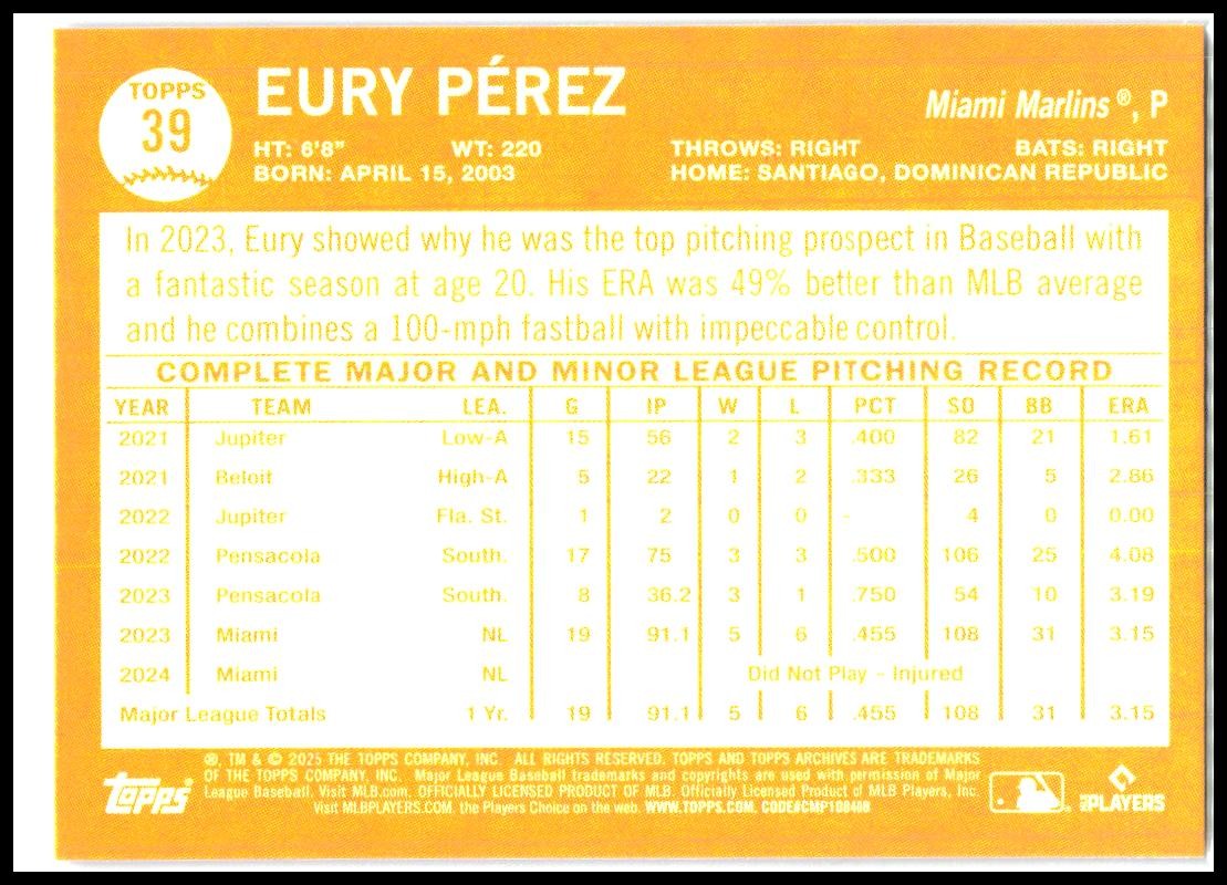 2025 topps archives Pink #39 Eury Pérez
