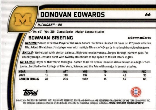2024 Bowman University Chrome X-Fractor #66 Donovan Edwards Michigan Wolverines