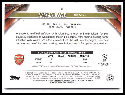 Declan Rice #6 2023-24 Topps Chrome UEFA Club Competitions
