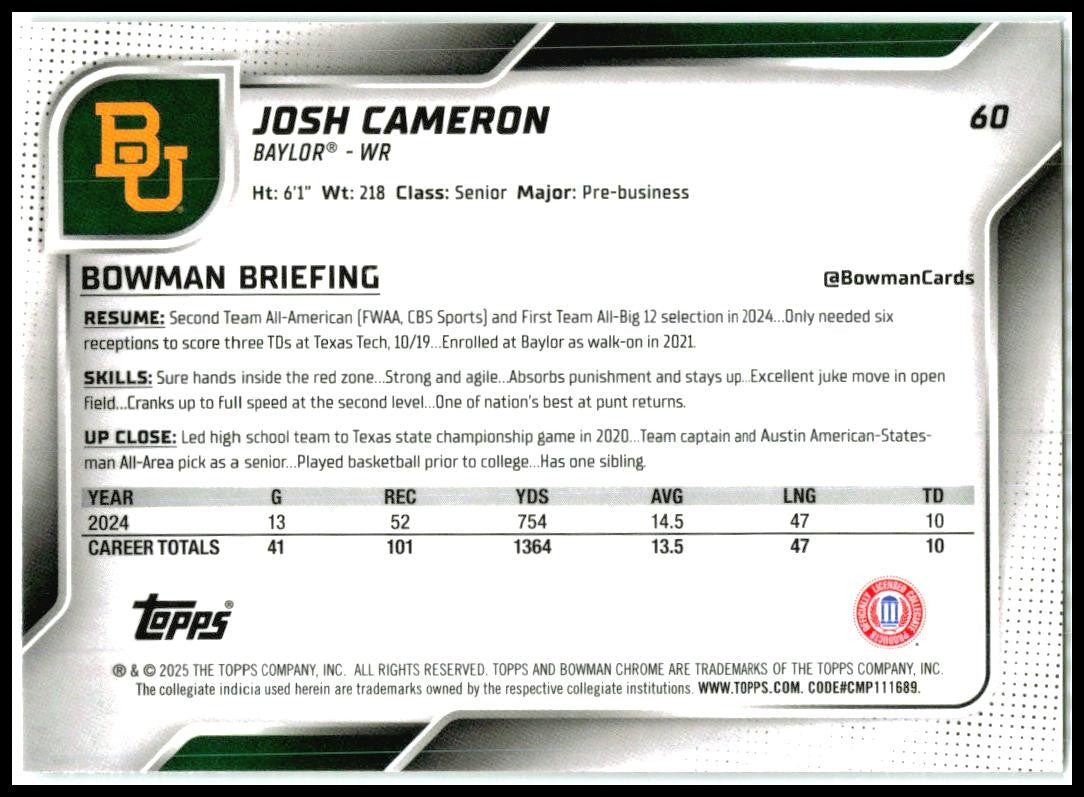 2025 Bowman Chrome University #60 Josh Cameron Baylor Bears