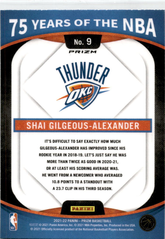 2021 Prizm 75 Years of the NBA #9 Shai Gilgeous-Alexander Oklahoma City Thunder