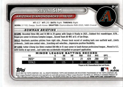 2024 Bowman #BP-34 Kevin Sim Arizona Diamondbacks