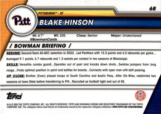 2023-24 Bowman University Chrome #68 Blake Hinson Pittsburgh Panthers