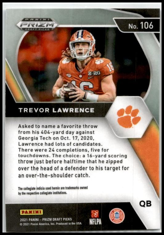 2021 Panini Prizm Draft Picks Collegiate #106 Trevor Lawrence Clemson Tigers