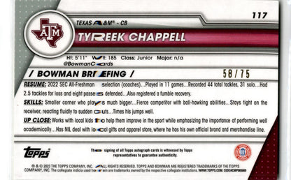 2023 Bowman University Chrome Yellow #117 Tyreek Chappell Auto /75 Aggies