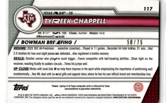 2023 Bowman University Chrome Yellow #117 Tyreek Chappell Auto /75 Aggies