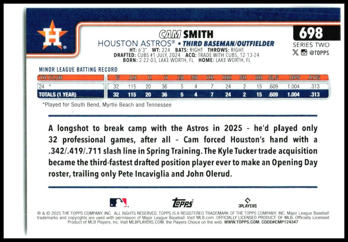2025 Topps #698 Cam Smith Houston Astros
