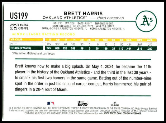 2024 Topps #US199 Brett Harris Oakland Athletics