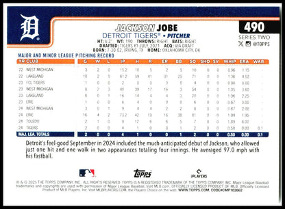 2025 Topps #490 Jackson Jobe Rookie Detroit Tigers