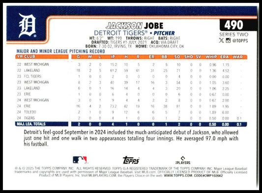2025 Topps #490 Jackson Jobe Rookie Detroit Tigers