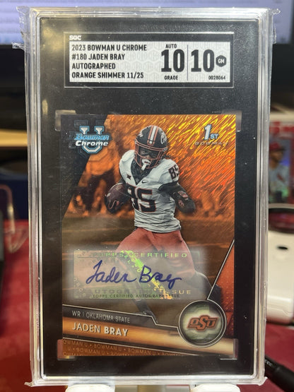 2023 Bowman Chrome U 1st Orange Shimmer #180 Jaden Bray Auto /25 SGC 10 Gem Mint