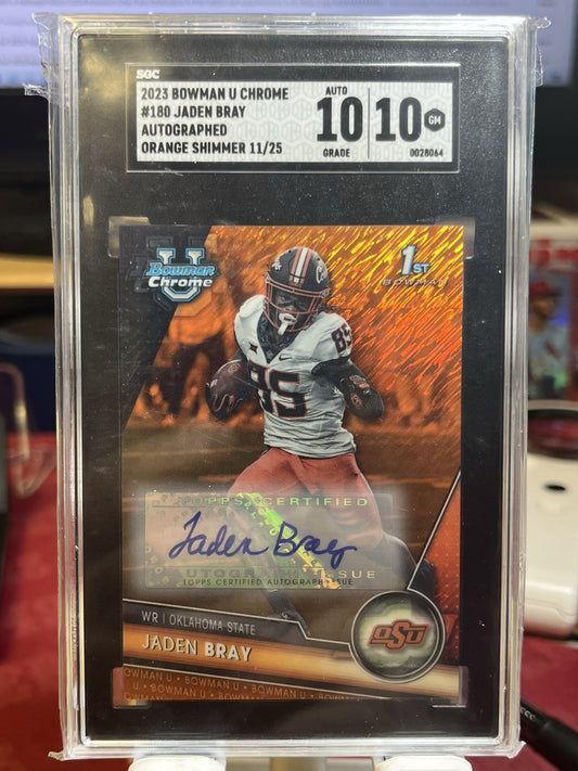 2023 Bowman Chrome U 1st Orange Shimmer #180 Jaden Bray Auto /25 SGC 10 Gem Mint
