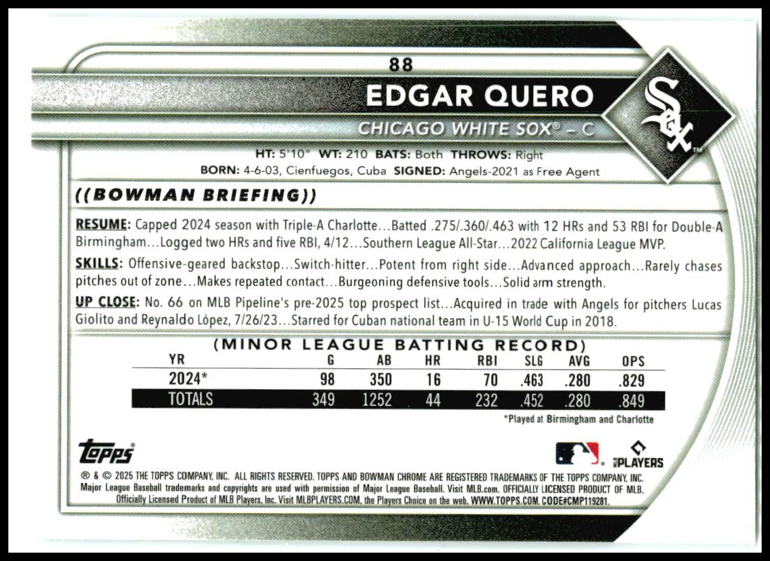 2025 Bowman Chrome Red RC #88 Edgar Quero Chicago White Sox