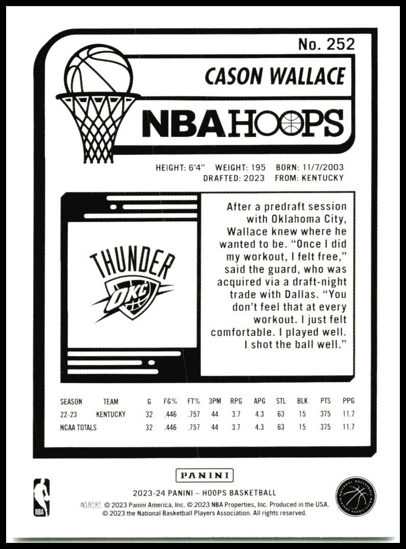 2023-24 Hoops Winter #252 Cason Wallace Rookie Oklahoma City Thunder