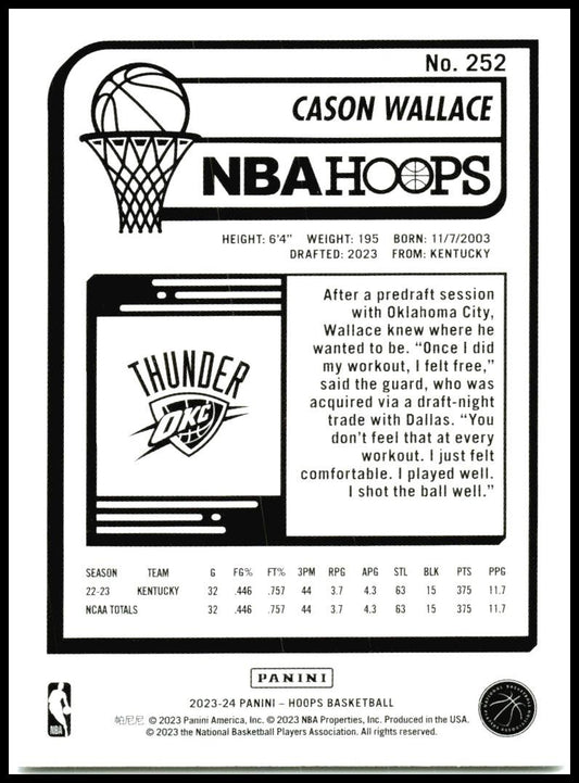 2023-24 Hoops Winter #252 Cason Wallace Rookie Oklahoma City Thunder