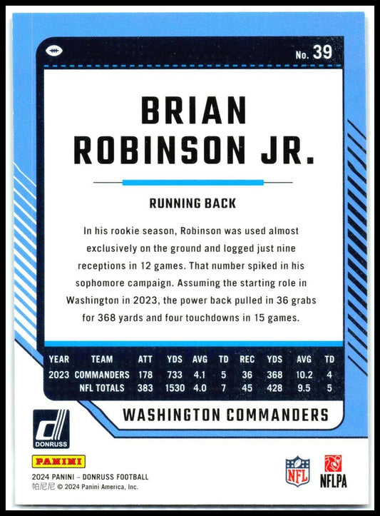 2024 Donruss Season Stat Line #39 Brian Robinson Jr. #/500 Washington Commanders