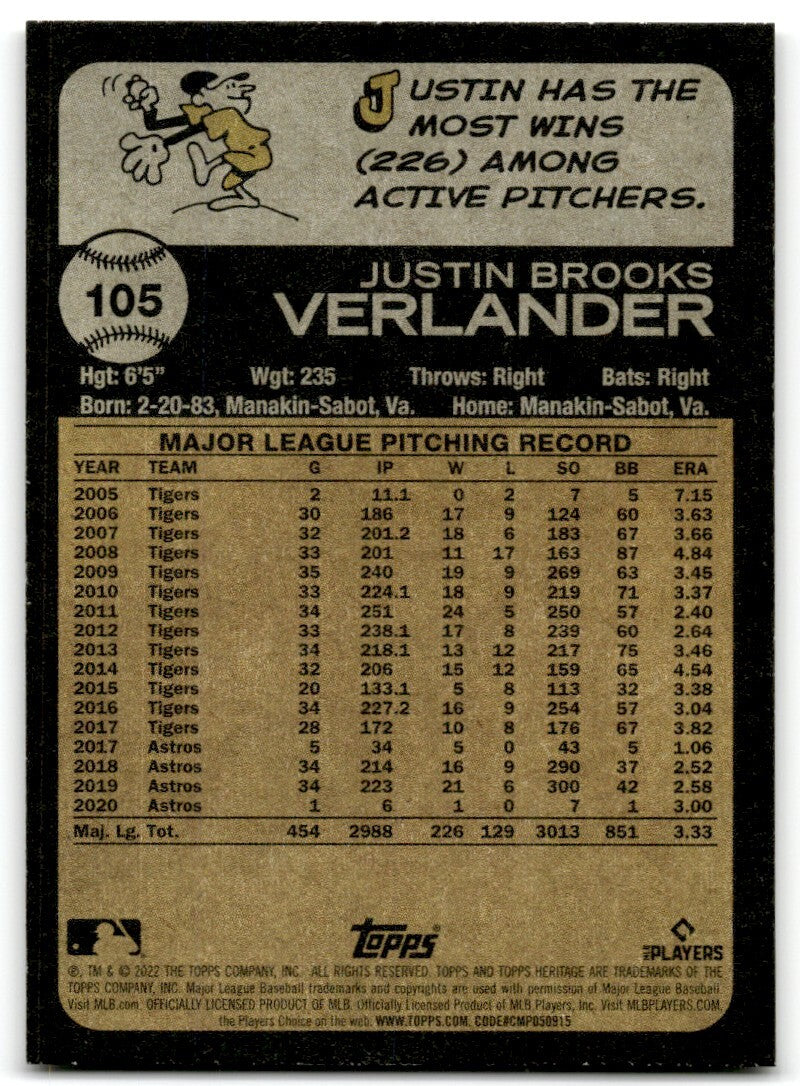 2022 Topps Heritage Justin Verlander Houston Astros #105