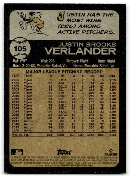 2022 Topps Heritage Justin Verlander Houston Astros #105