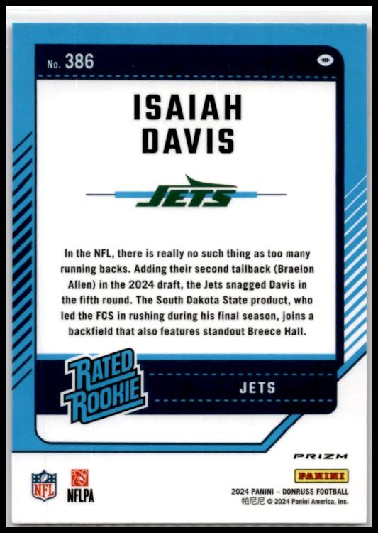 2024 Donruss Optic Rated Rookies Preview Pink #386 Isaiah Davis Rookie Jets