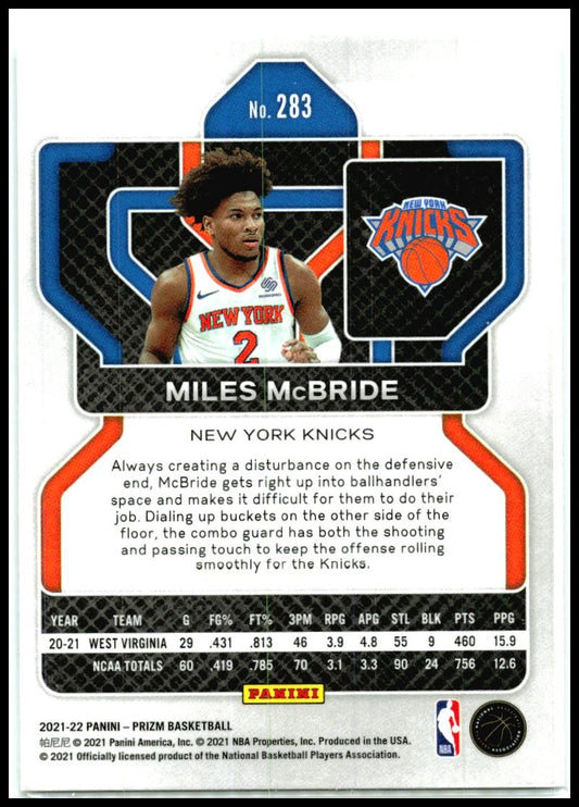 2021-22 Panini Prizm #283 Miles McBride Rookie New York Knicks