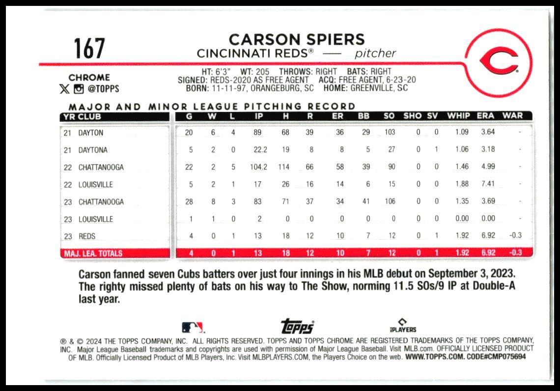 2024 Topps X-Factor #365 Carson Spiers Rookie Cincinnati Reds