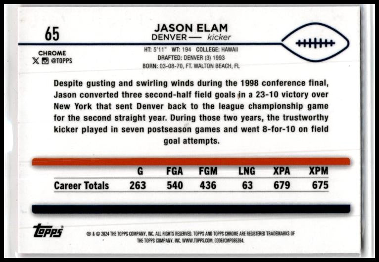 2024 Topps Chrome Pink Refractor #65 Jason Elam Denver Broncos
