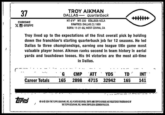 2024 Topps Chrome Sepia Refractor #37 Troy Aikman Dallas Cowboys