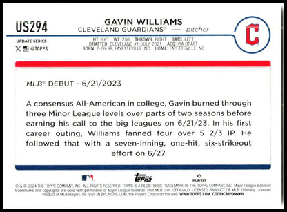 2024 Topps Update #US294 Gavin Williams Cleveland Guardians