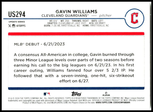 2024 Topps Update #US294 Gavin Williams Cleveland Guardians