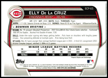 2023 Bowman Chrome Prospects #BCP-65 Elly De La Cruz Cincinnati Reds