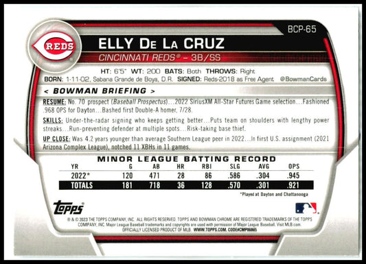 2023 Bowman Chrome Prospects #BCP-65 Elly De La Cruz Cincinnati Reds