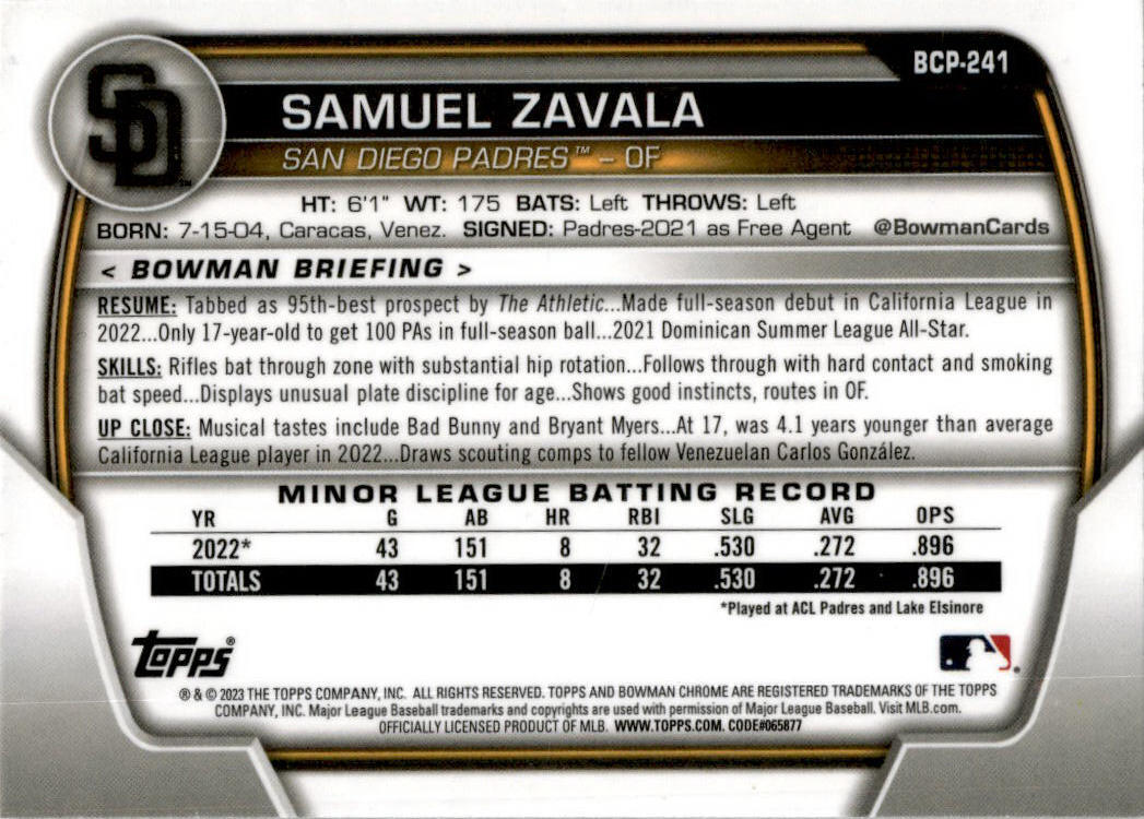 2023 Bowman Chrome #BCP-241 Samuel Zavala San Diego Padres