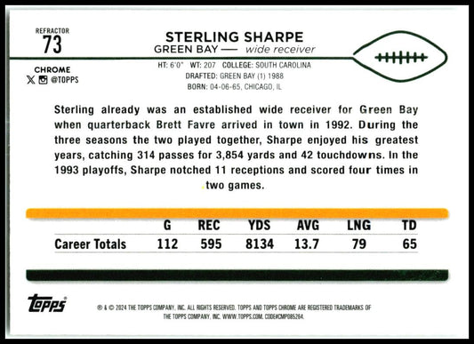 2024 Topps Chrome Refractor #73 Sterling Sharpe Green Bay Packers