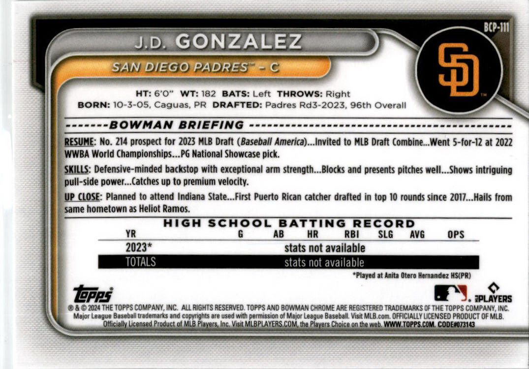 2024 Bowman #BCP-111 J.D. Gonzalez