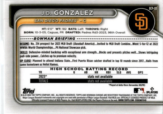 2024 Bowman #BCP-111 J.D. Gonzalez