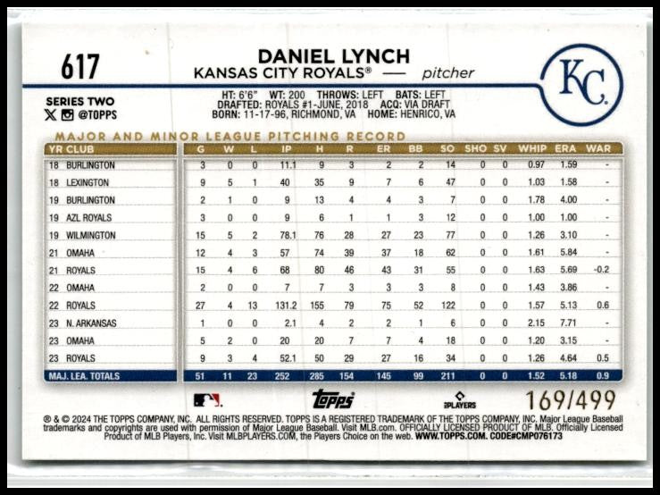 2024 Topps Green Crackle Foil #617 Daniel Lynch #/499 Kansas City Royals