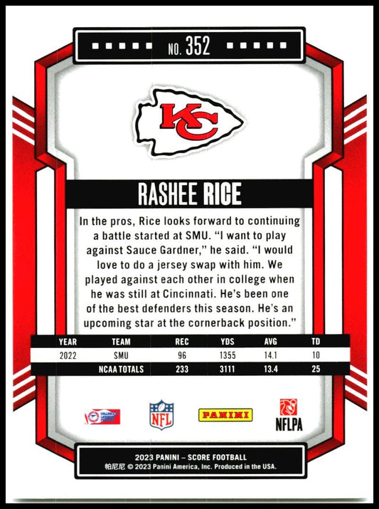 2023 Score #352 Rashee Rice Kansas City Chiefs