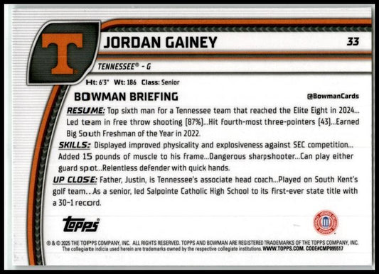 2024-25 Bowman University Chrome Green Shimmer #33 Jordan Gainey Volunteers
