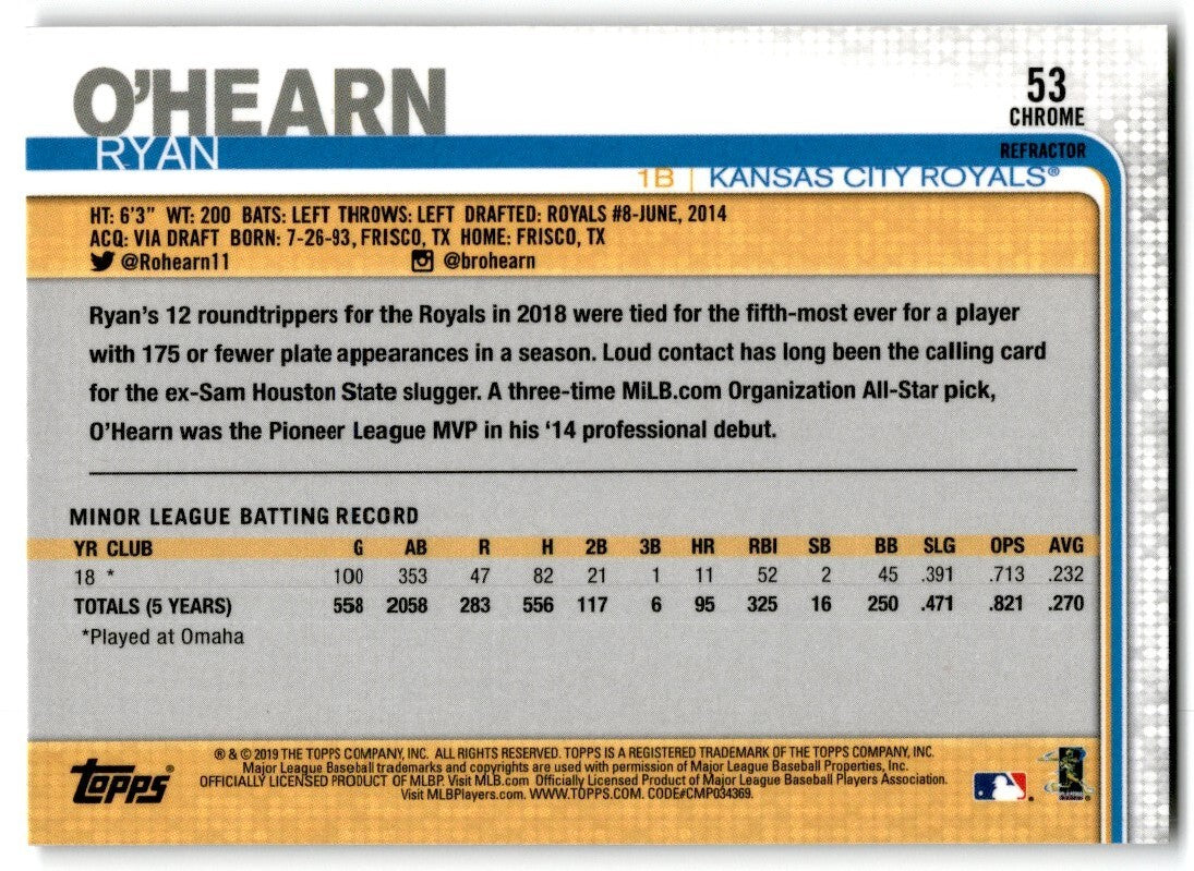 2019 Topps Chrome Ryan O'Hearn Rookie Kansas City Royals #53