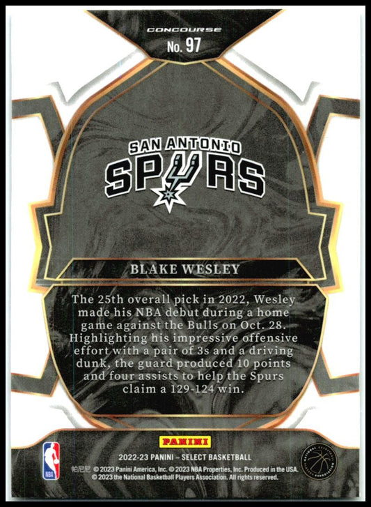 2022-23 Panini Select Blue #97 Blake Wesley Rookie San Antonio Spurs