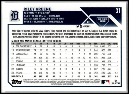 2023 Topps #31 Riley Greene Detroit Tigers