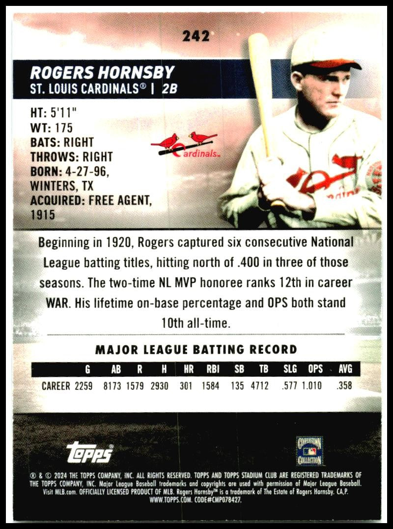 2024 Stadium Club #242 Rogers Hornsby St. Louis Cardinals