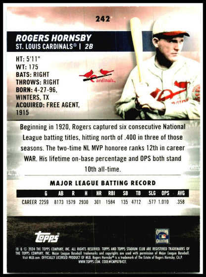 2024 Stadium Club #242 Rogers Hornsby St. Louis Cardinals