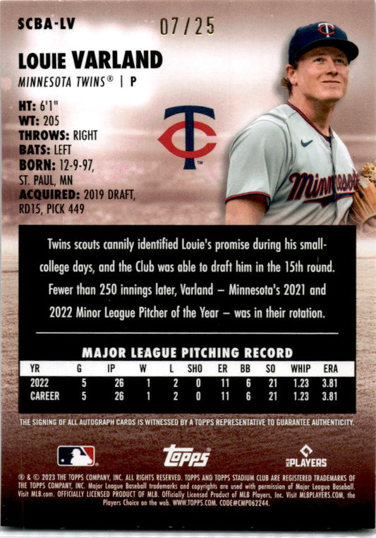 2023 Stadium Club #SCBA-LV Louie Varland Auto /25 Minnesota Twins