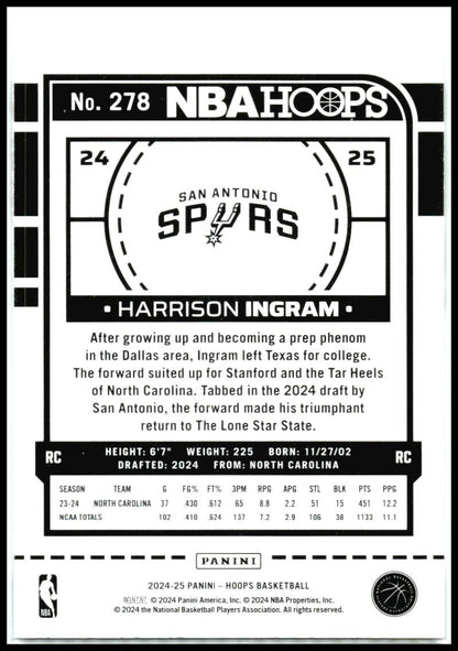 2024-25 Hoops #278 Harrison Ingram Rookie San Antonio Spurs