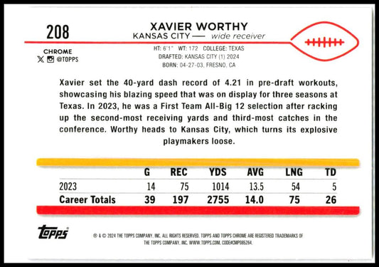 2024 Topps Chrome Pink Refractor #208 Xavier Worthy Rookie Kansas City Chiefs