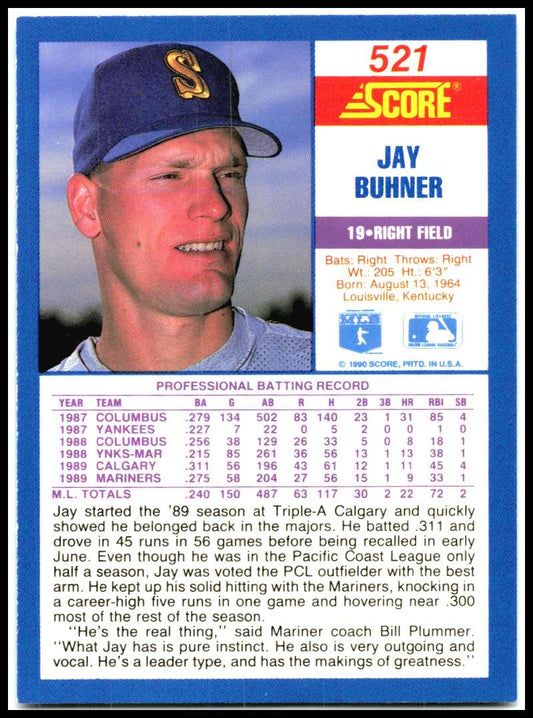 1990 Score #521 Jay Buhner Seattle Mariners